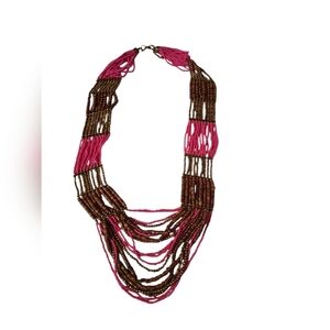 Beaded Statement Necklace Pink & Wood & Brass Tribal Ethnic Exotic India Inspire